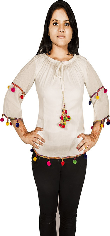 Mitra Creations Casual 3/4 Sleeve Solid Women White Top
