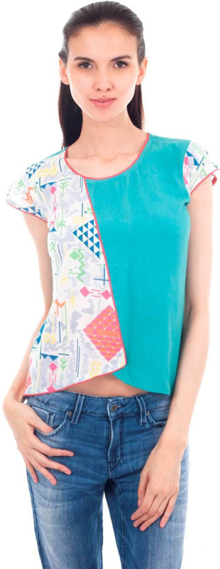 Forever 9teen Casual Short Sleeve Printed Women Green Top
