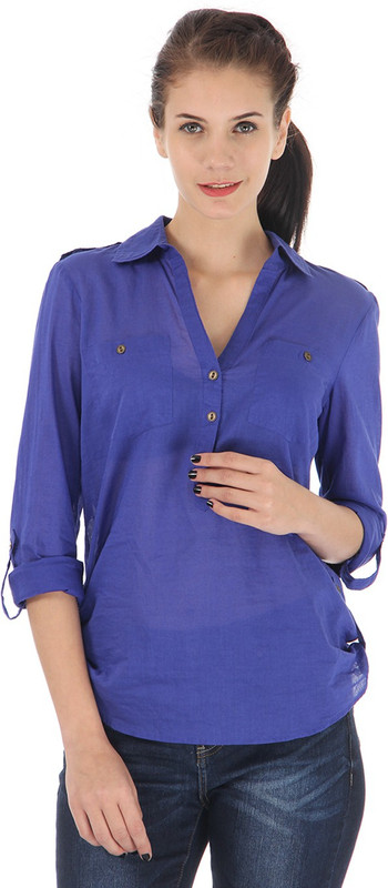 Vero Moda Casual Roll-up Sleeve Solid Women Blue Top