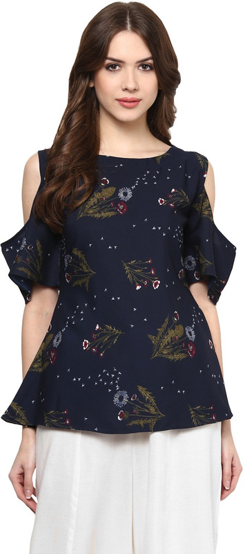 Ziyaa Casual Short Sleeve Floral Print Women Blue Top