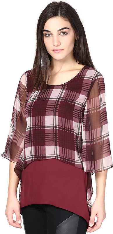 Abiti Bella Casual 3/4 Sleeve Checkered Women Maroon Top