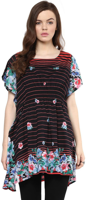 Florablanca Casual Short Sleeve Printed Women Black Top