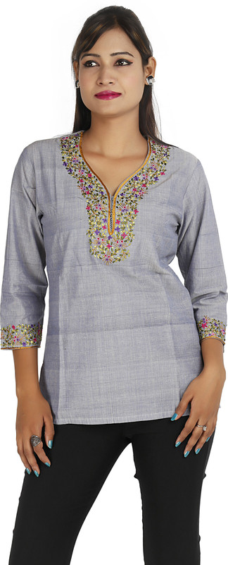 Ra Studio Casual 3/4 Sleeve Embroidered Women Grey Top