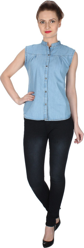 trendyfrog Casual Sleeveless Solid Women Blue Top