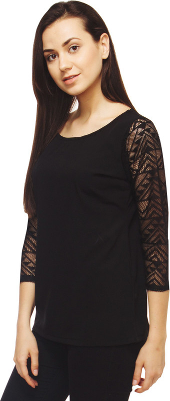 Adyuth Casual 3/4 Sleeve Solid Women Black Top
