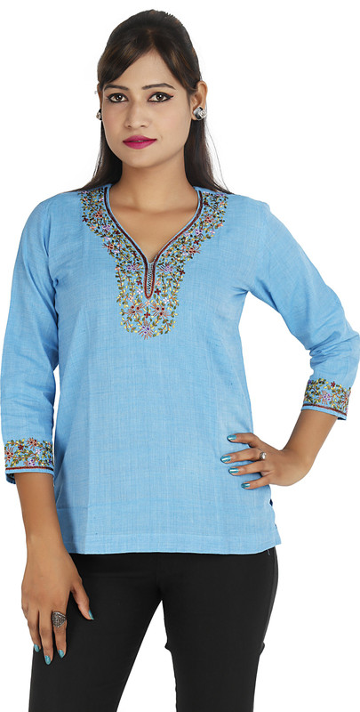 Ra Studio Casual 3/4 Sleeve Embroidered Women Blue Top