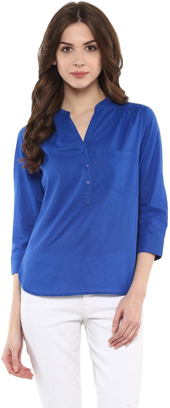 Harpa Casual 3/4 Sleeve Solid Women Blue Top