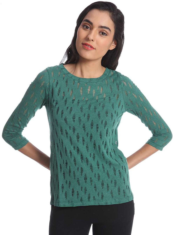 Only Casual Full Sleeve Self Design Women Green Top