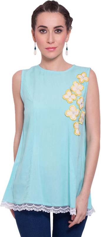 9teen Again Casual Sleeveless Embellished Women Blue Top