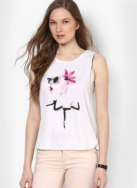Only Casual No Sleeve Graphic Print Women White Top