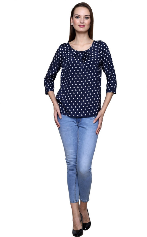 Trendsnu Casual 3/4 Sleeve Printed Women Blue Top