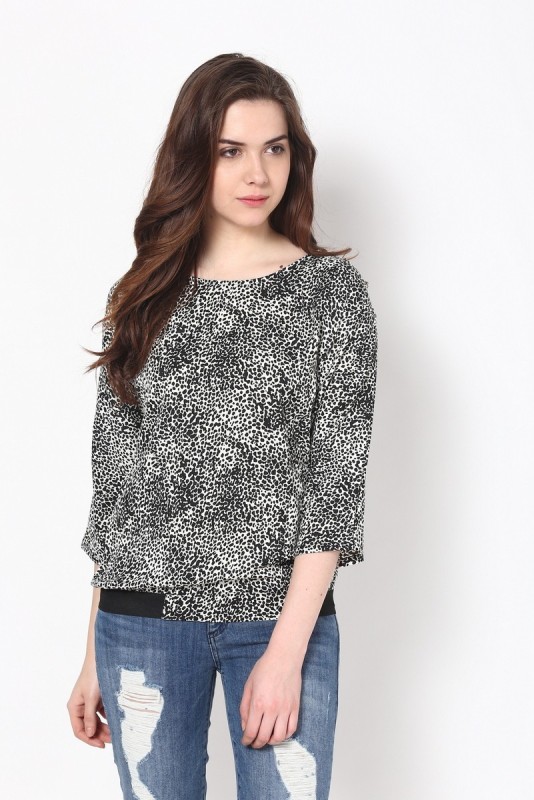 Harpa Casual 3/4 Sleeve Printed Women Black, White Top