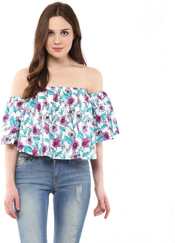 Harpa Casual Short Sleeve Floral Print Women White Top