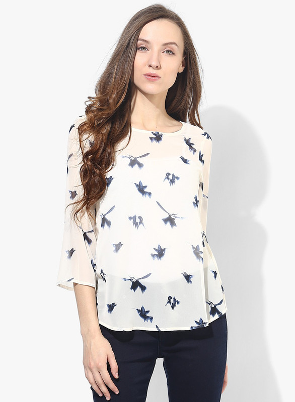 Vero Moda Casual 3/4 Sleeve Animal Print Women White Top