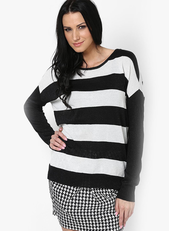 Vero Moda Striped Round Neck Casual Women Black Sweater