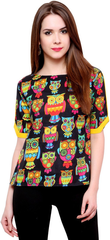 Pannkh Casual Half Sleeve Printed Women Black Top