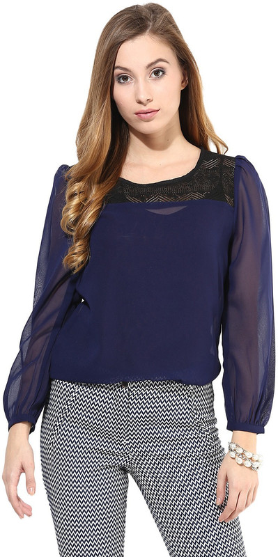 La Zoire Formal Full Sleeve Solid Women Dark Blue Top
