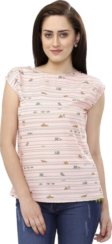 FUNK FOR HIRE Casual Cap Sleeve Printed Women Light Blue Top