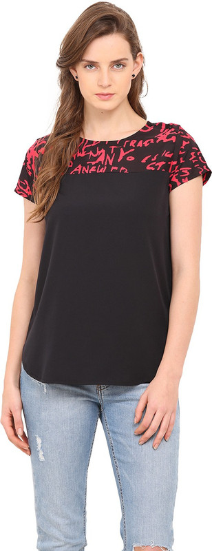 Trend Arrest Casual Short Sleeve Printed Women Black, Pink Top