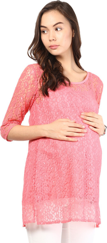 Mine4Nine Casual 3/4 Sleeve Embroidered Women Pink Top