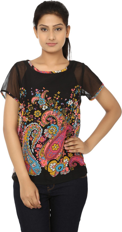 Ausehen Casual Short Sleeve Floral Print Women Black, Pink Top