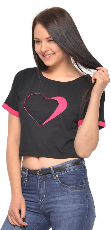 Vvoguish Casual Short Sleeve Printed Women Black Top