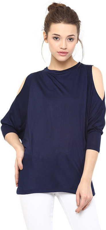 Miss Chase Casual 3/4 Sleeve Solid Women Blue Top