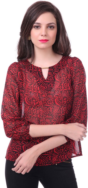 Sassafras Casual 3/4 Sleeve Printed Women Red, Black Top