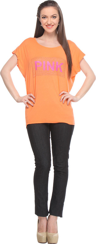 Wearsense Casual Short Sleeve Self Design Women Orange Top
