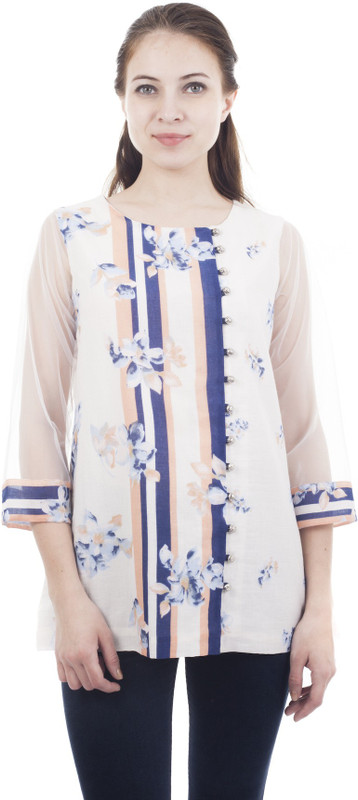 Forever 9teen Casual 3/4 Sleeve Floral Print Women White Top