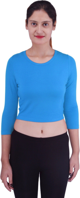 Shyie Formal 3/4 Sleeve Solid Women Light Blue Top