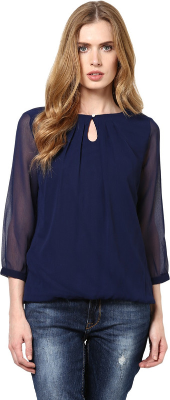 Harpa Casual 3/4 Sleeve Solid Women Dark Blue Top