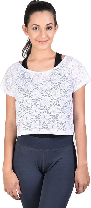 Onesport Casual Short Sleeve Self Design, Lace Women White Top