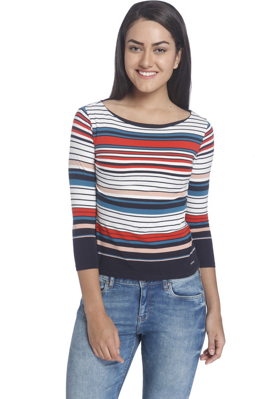 Only Casual 3/4 Sleeve Striped Women Multicolor Top
