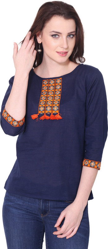 AANIA Casual Regular Sleeve Embroidered Women Blue Top
