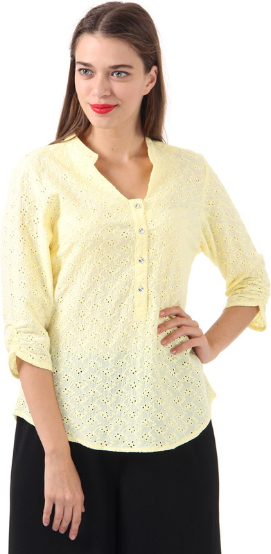 Just In Time Casual 3/4 Sleeve Self Design Women Yellow Top