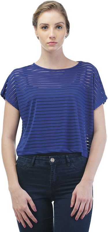 Merch21 Casual Short Sleeve Striped Women Blue Top