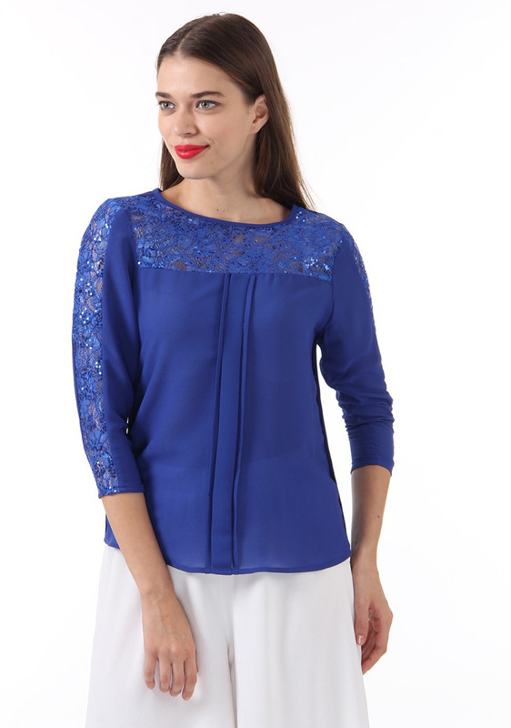 Just In Time Casual 3/4 Sleeve Solid Women Dark Blue Top