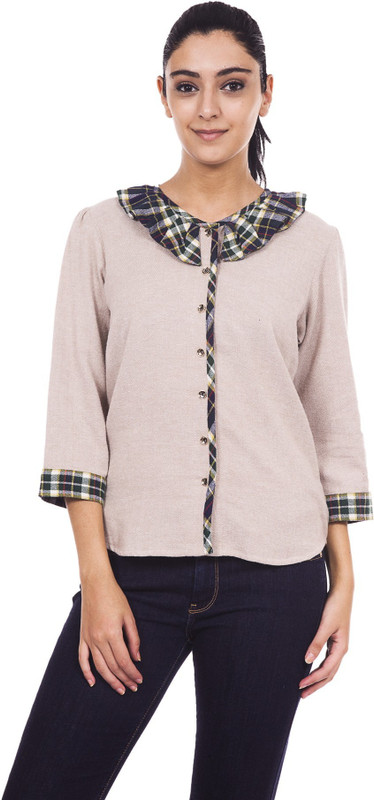9teen Again Casual Short Sleeve Self Design Women Beige Top
