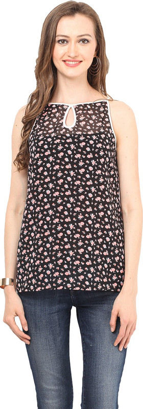 Stilestreet Casual 3/4 Sleeve Floral Print Women Black Top