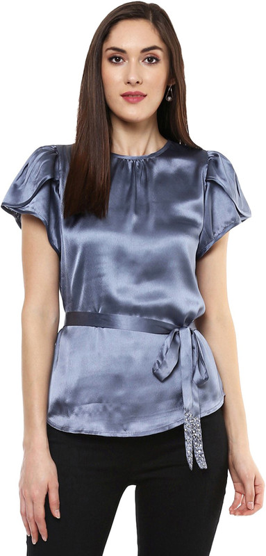 Sassafras Party Puff Sleeve Solid Women Grey Top