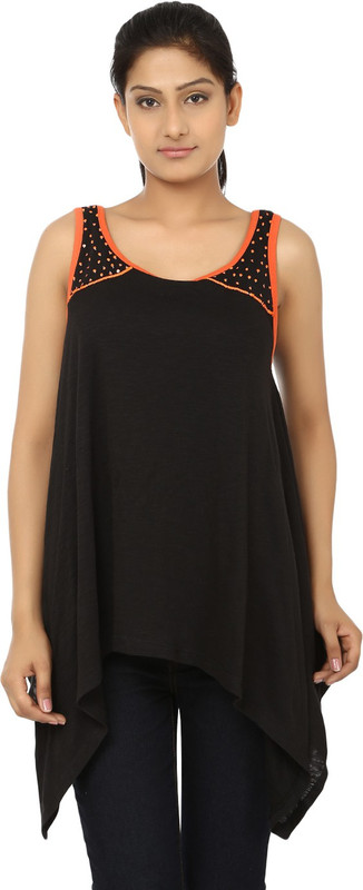 Ausehen Casual Sleeveless Solid Women Black, Orange Top