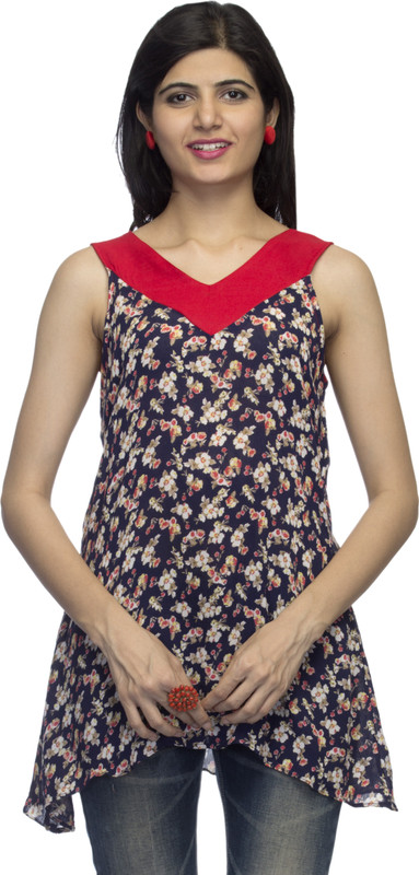 Indietoga Party Sleeveless Floral Print Women Blue Top