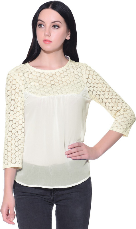 Uptownie Lite Casual 3/4 Sleeve Solid Women Beige Top