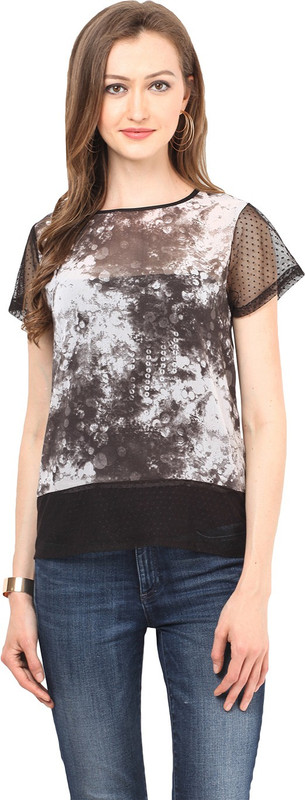 Stilestreet Casual 3/4 Sleeve Printed Women Black, White Top