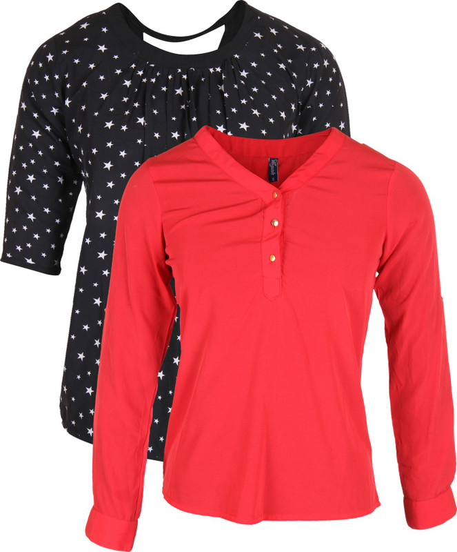 Vvoguish Casual 3/4 Sleeve Solid Women Red, Black Top