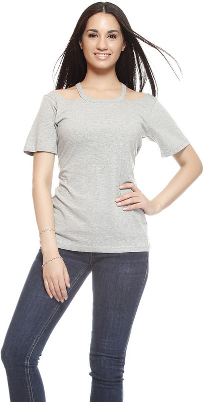 Gritstones Casual Short Sleeve Solid Women Grey Top