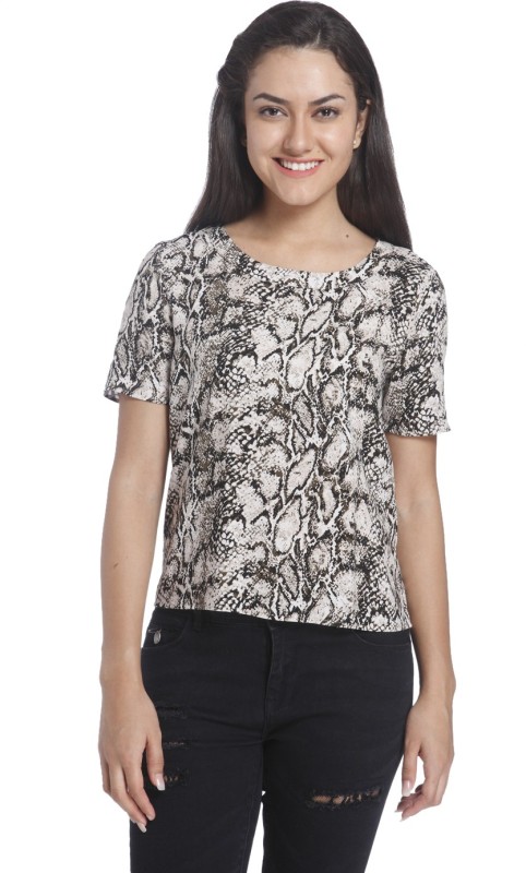 Only Casual Short Sleeve Animal Print Women Grey Top