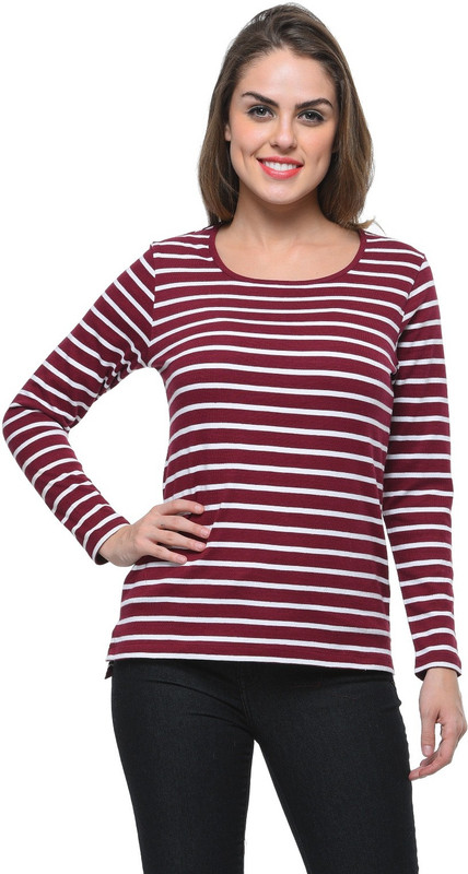 Frenchtrendz Casual Regular Sleeve Striped Women Maroon, White Top