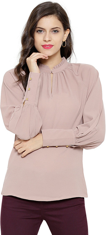 Sassafras Casual Bishop Sleeve Solid Women Brown Top